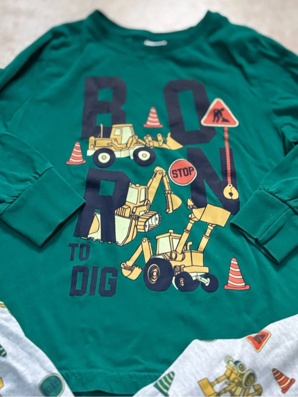 Boys Green Born To Dig Construction Vehicle Pajama Set